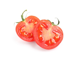 Photo of Halves of fresh cherry tomato isolated on white