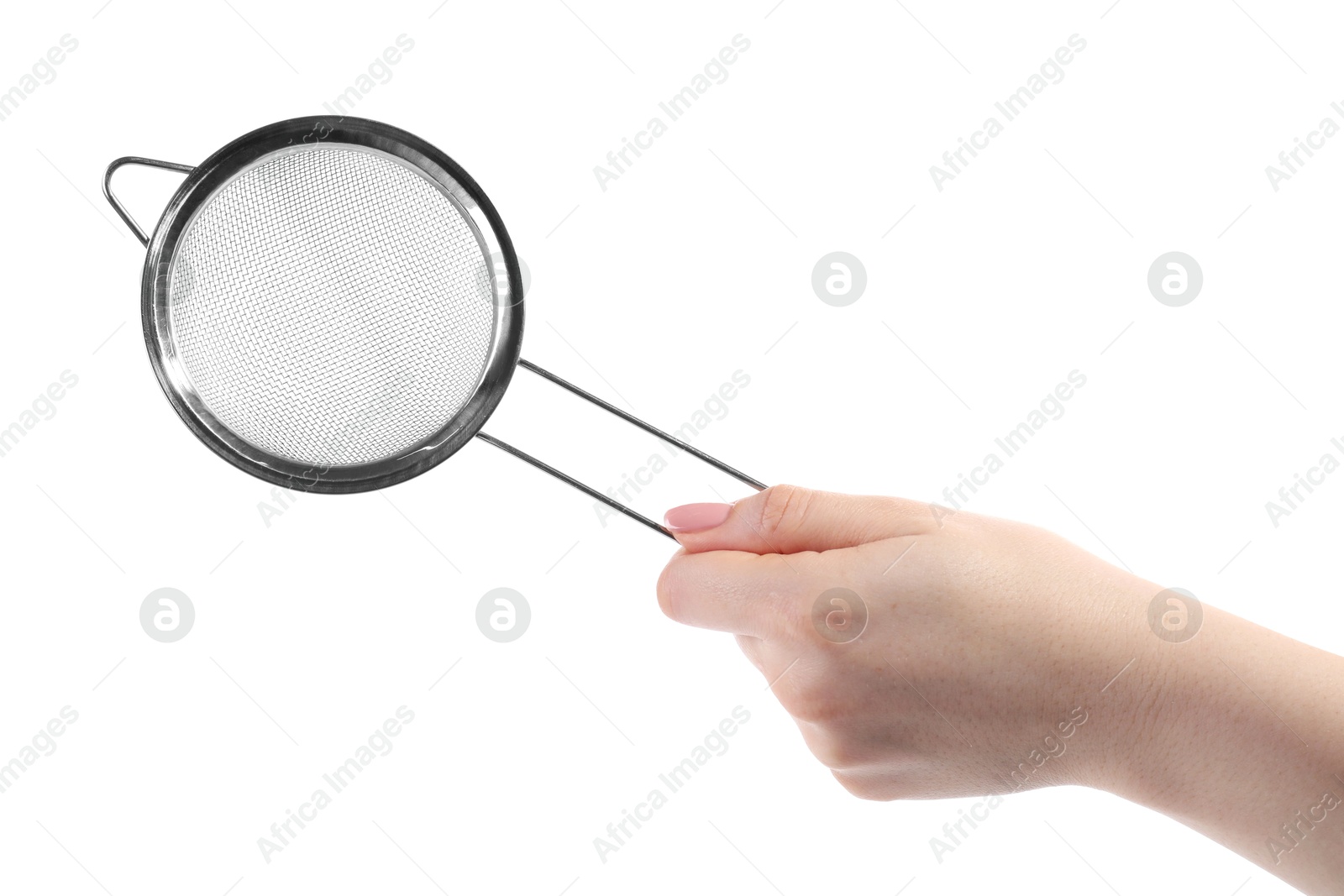 Photo of Woman with metal sieve on white background, closeup