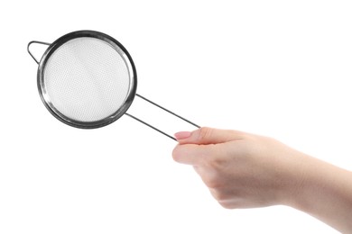 Woman with metal sieve on white background, closeup