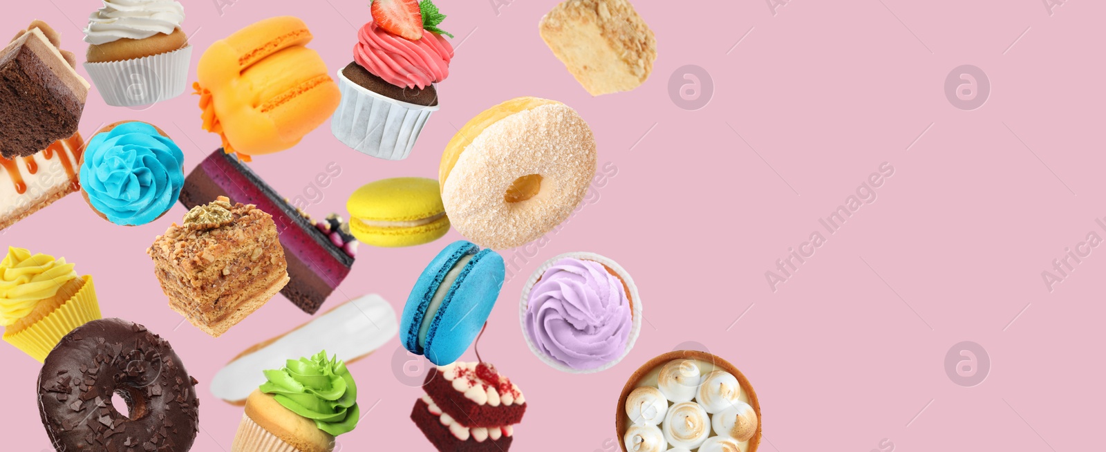 Image of Many different tasty desserts flying on pink background, space for text. Banner design