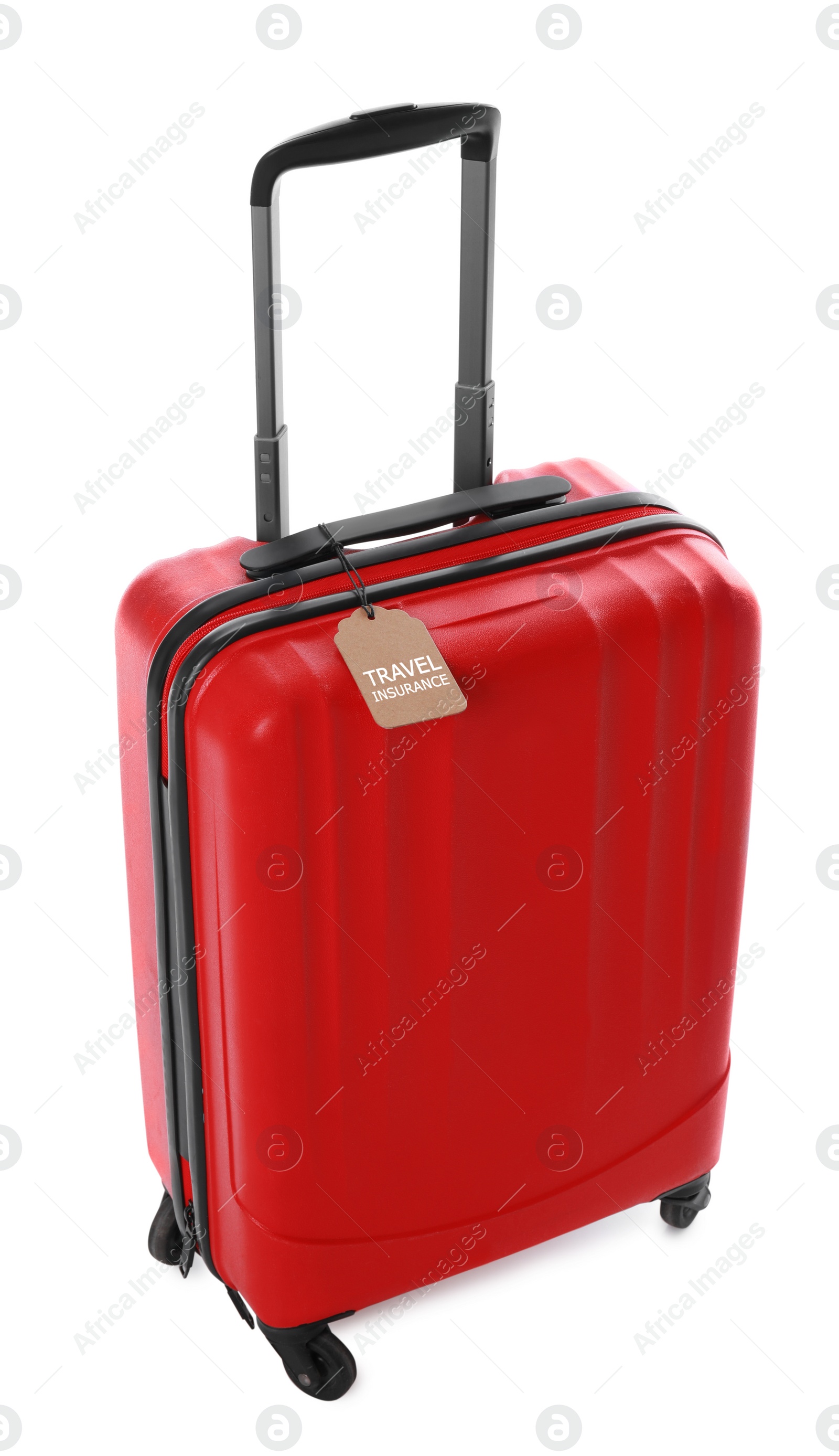 Photo of Red suitcase with TRAVEL INSURANCE label on white background