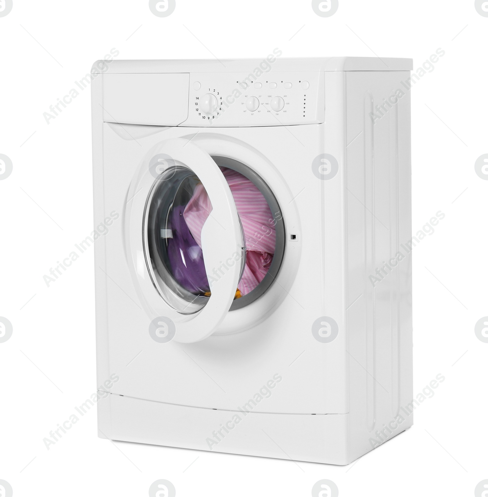 Photo of Modern washing machine with laundry isolated on white