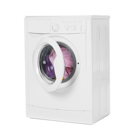 Photo of Modern washing machine with laundry isolated on white