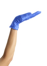 Photo of Woman in blue latex gloves on white background, closeup of hand