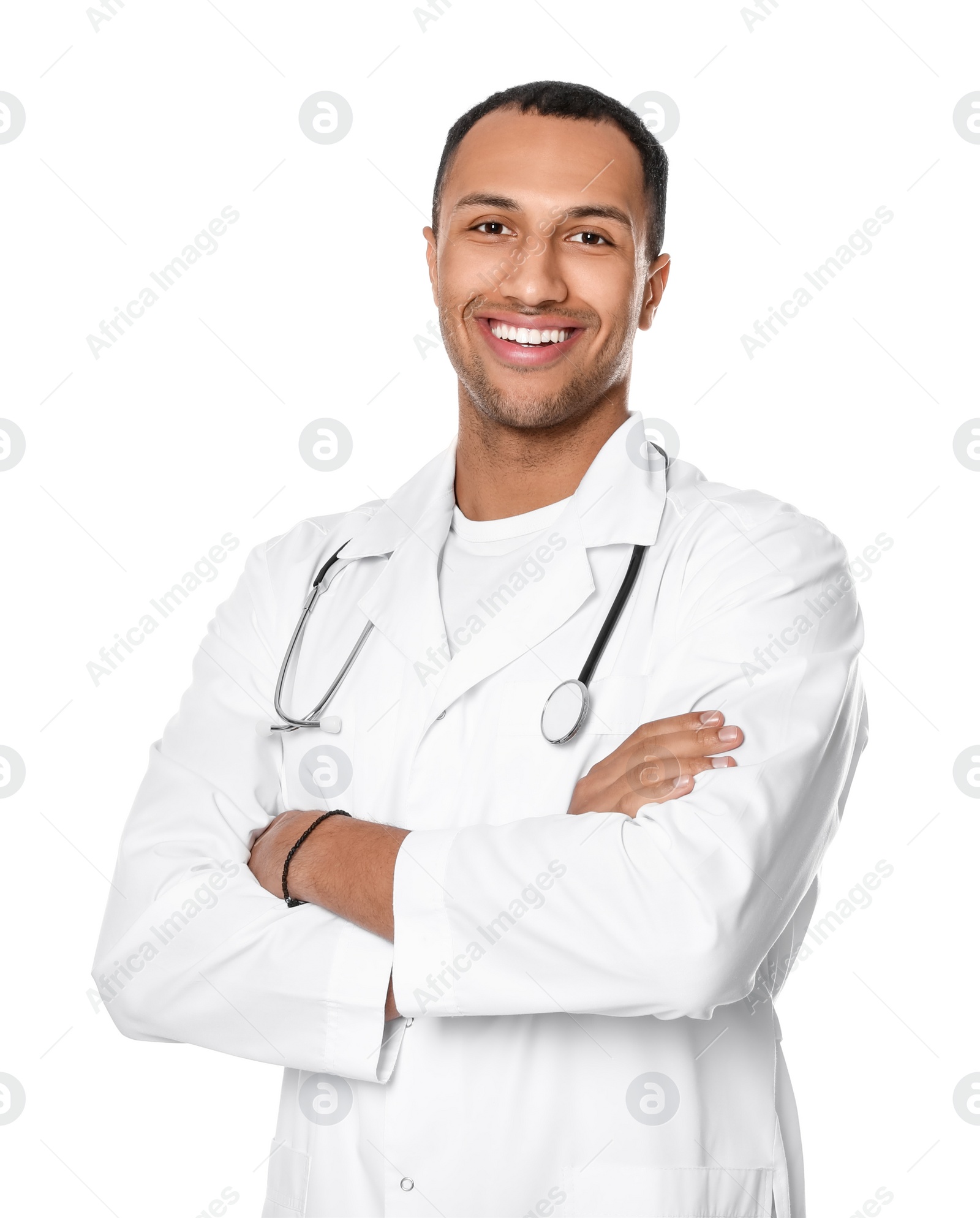 Photo of Doctor or medical assistant (male nurse) in uniform with stethoscope on white background