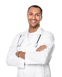 Doctor or medical assistant (male nurse) in uniform with stethoscope on white background