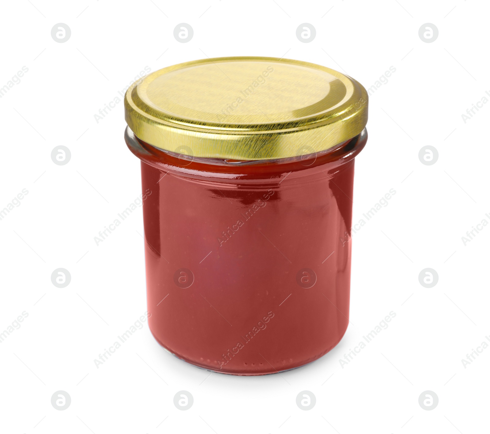 Photo of Glass jar of delicious ketchup isolated on white