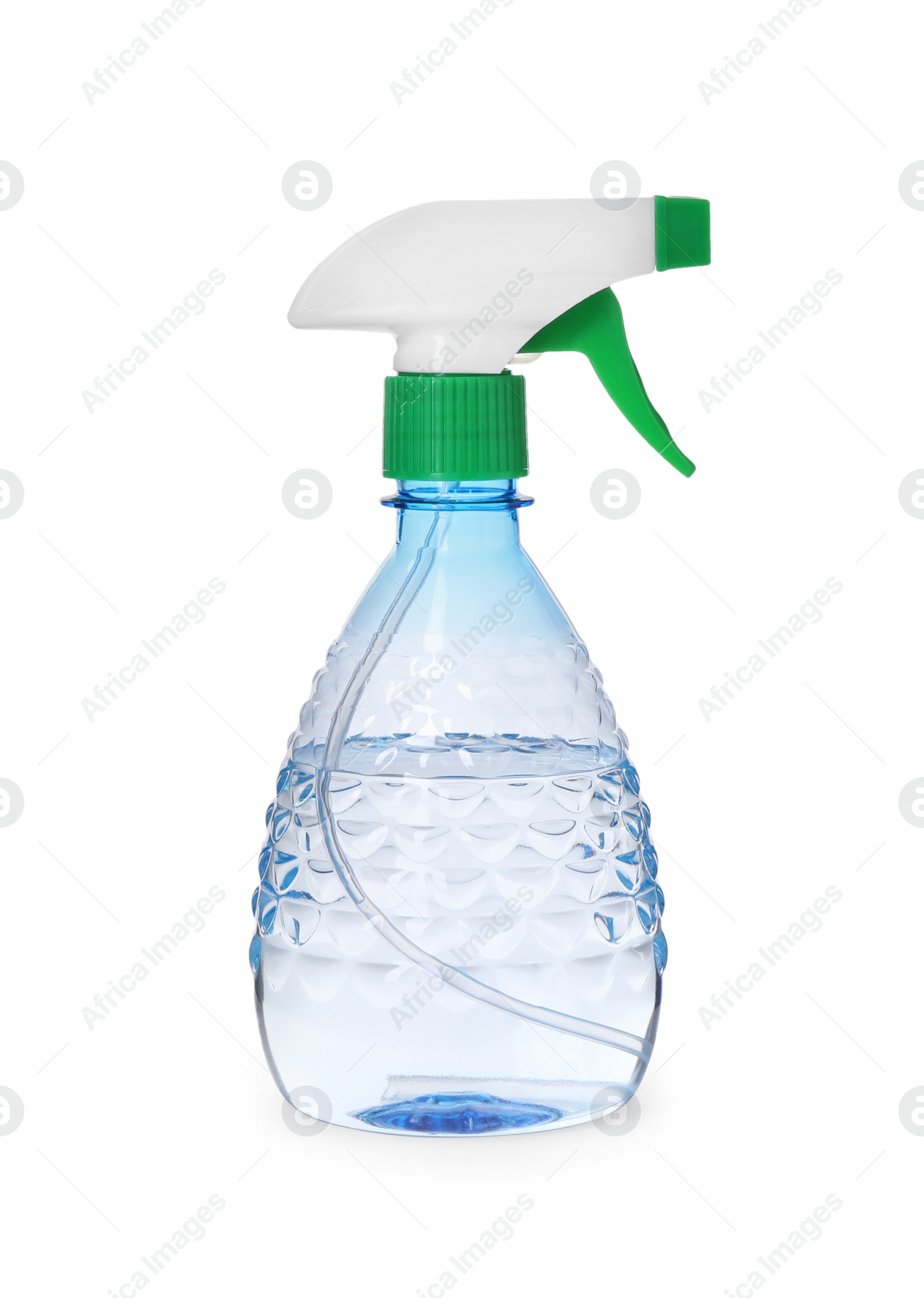 Photo of One plastic spray bottle with liquid isolated on white