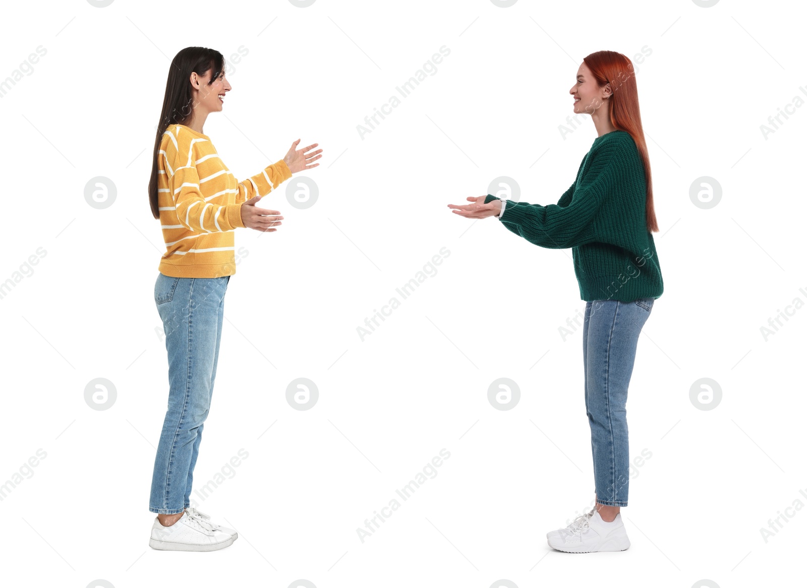 Image of Two women talking on white background. Dialogue