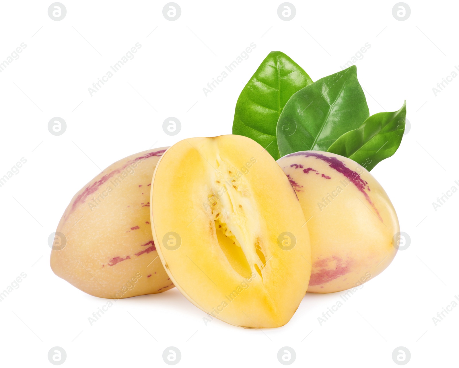 Image of Fresh ripe pepino melons and green leaves on white background