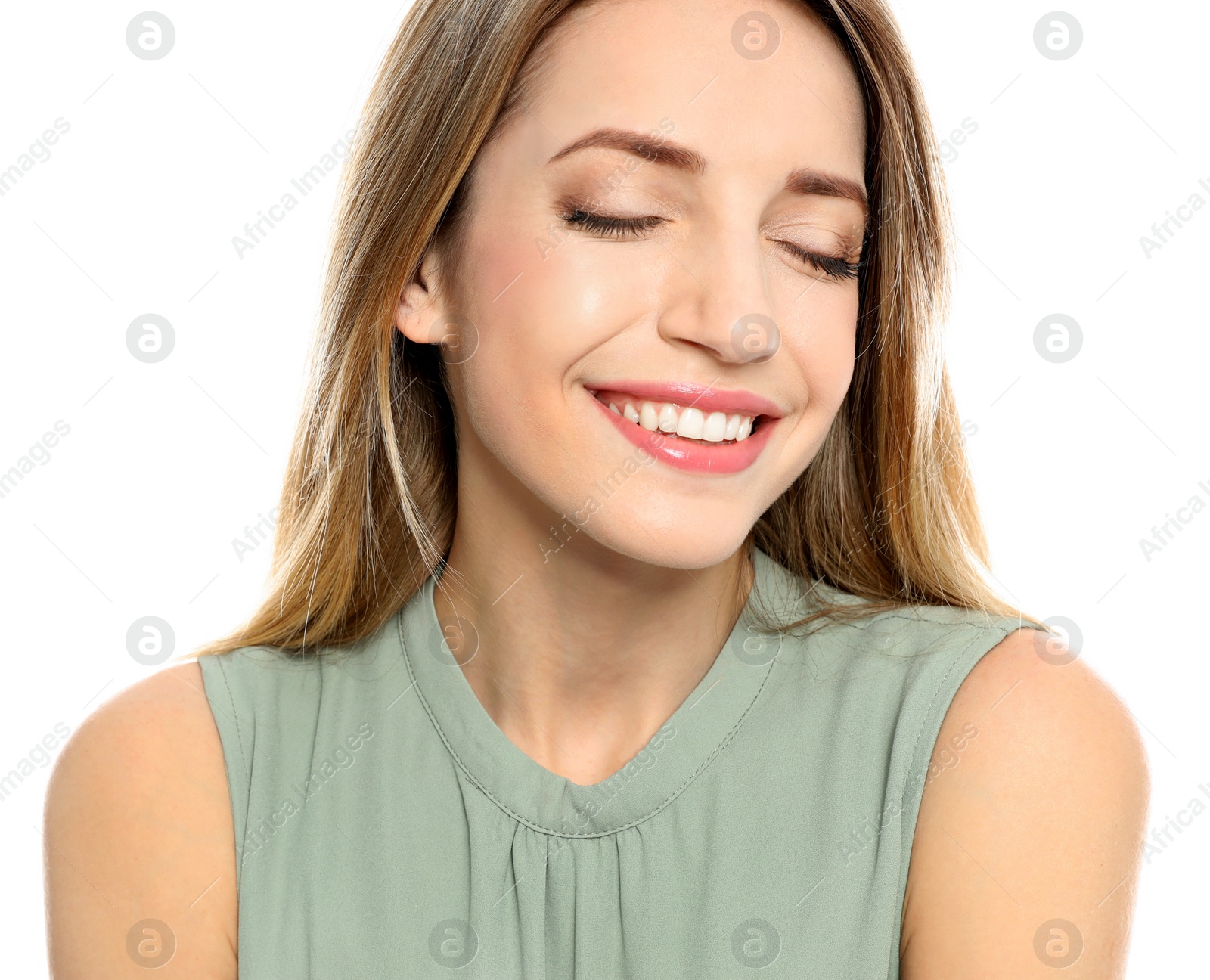 Photo of Portrait of young woman with beautiful face on white background, closeup