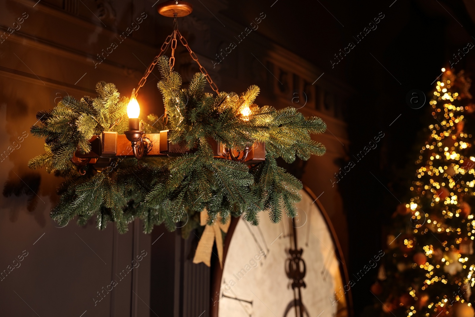 Photo of Vintage chandelier decorated with fir branches on ceiling and Christmas tree in room