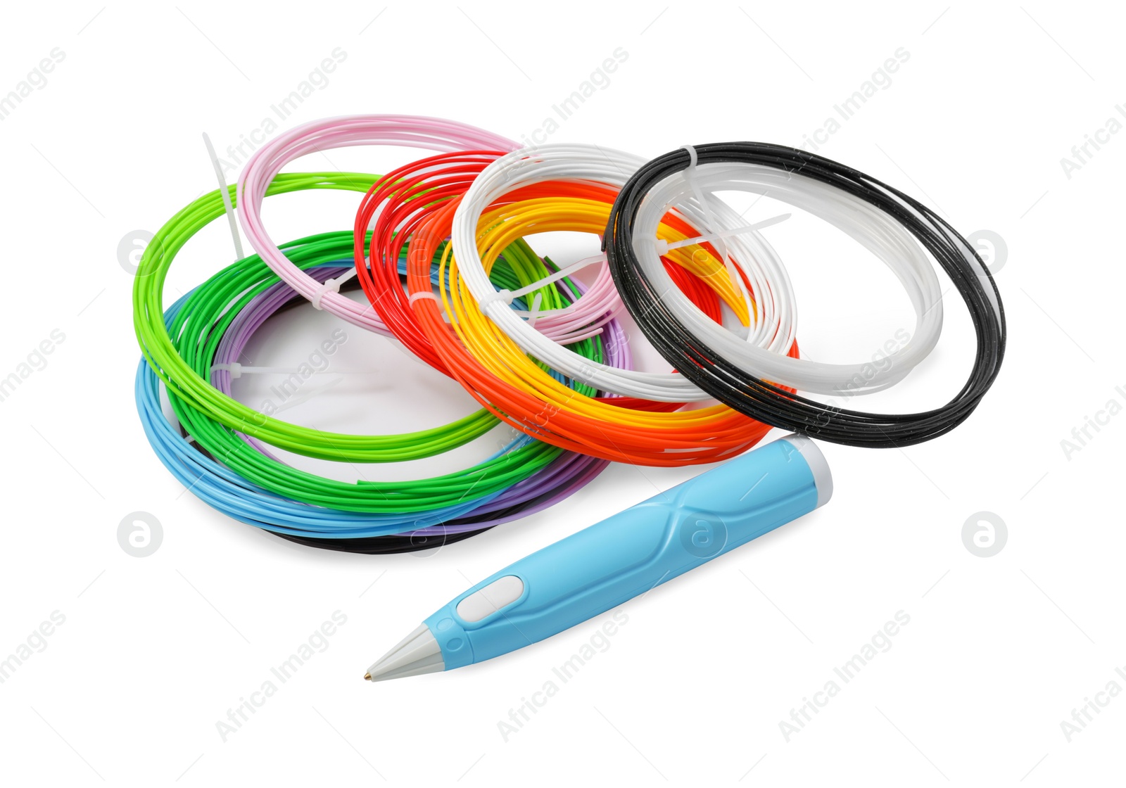 Photo of Stylish 3D pen and colorful plastic filaments on white background