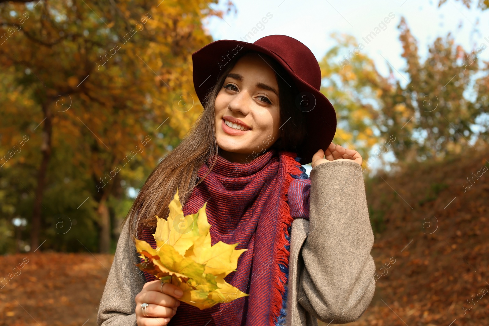 Photo of Young beautiful woman with hat and leaves in park. Autumn walk