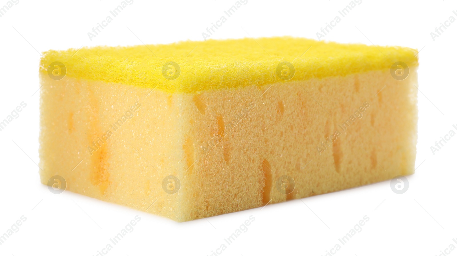 Photo of Yellow cleaning sponge with abrasive scourer isolated on white