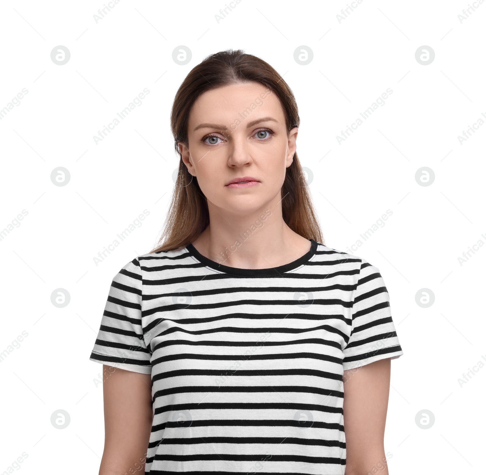 Photo of Portrait of sad woman on white background