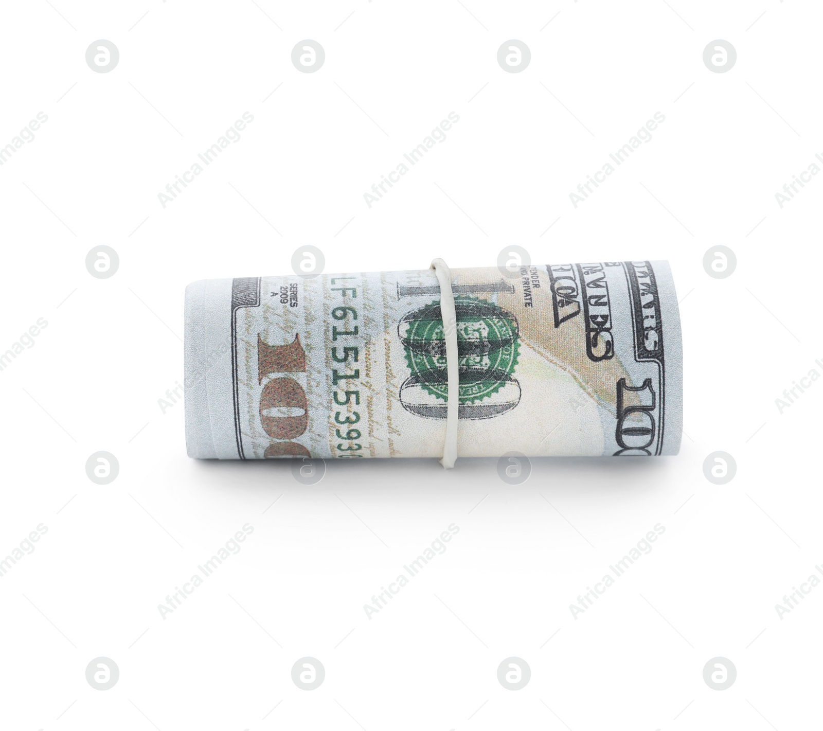 Photo of Rolled dollar banknotes isolated on white. American national currency