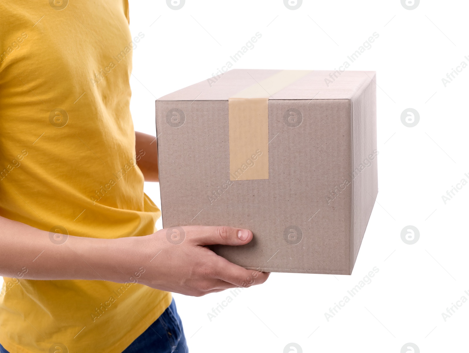 Photo of Courier with parcel on white background, closeup