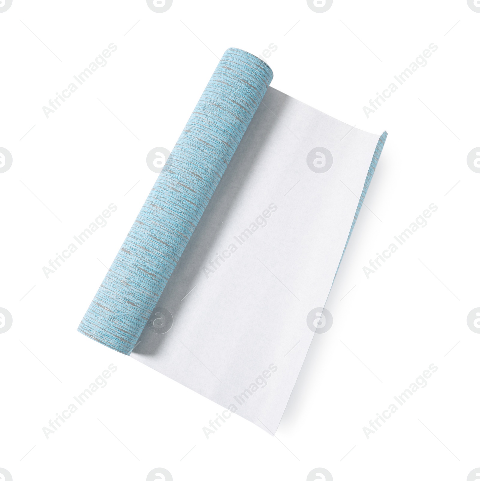 Photo of One light blue wallpaper roll isolated on white, top view