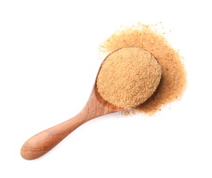 Spoon with coconut sugar isolated on white, top view