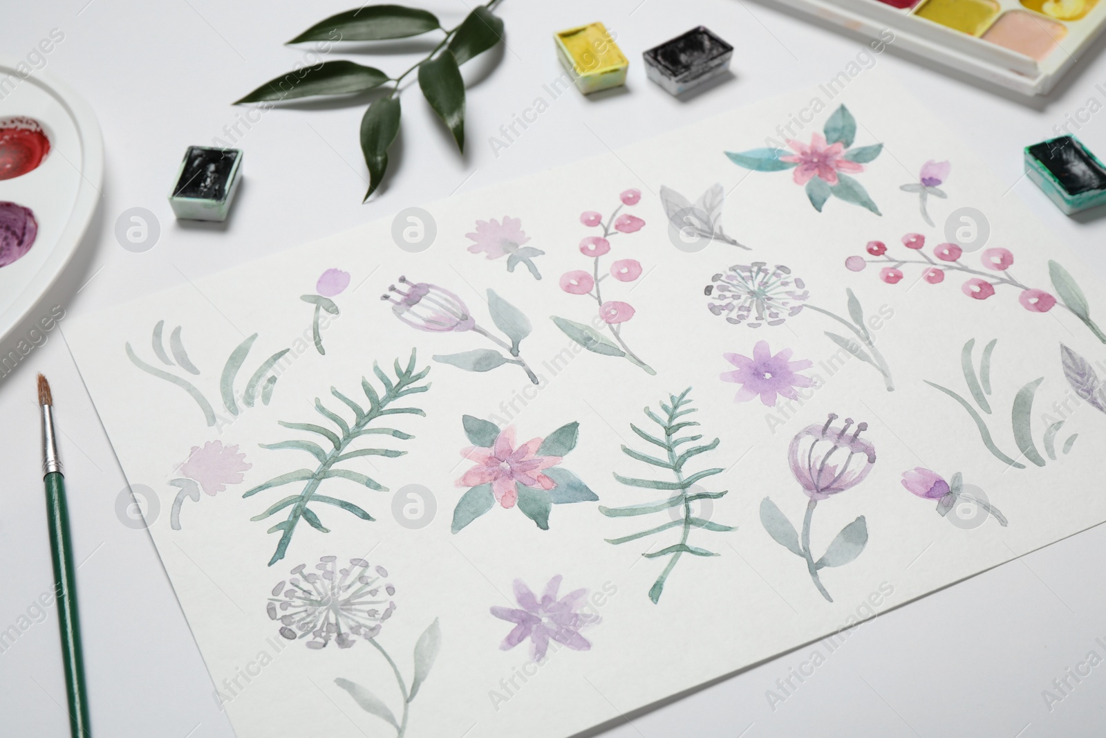 Photo of Composition with beautiful floral picture and watercolor paints on white background