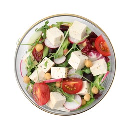 Photo of Bowl of tasty salad with tofu and vegetables isolated on white, top view