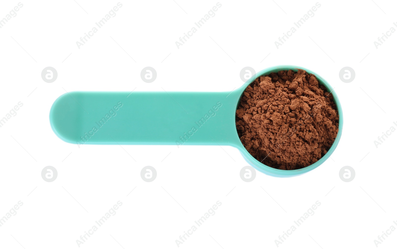 Photo of Scoop of protein powder on white background, top view