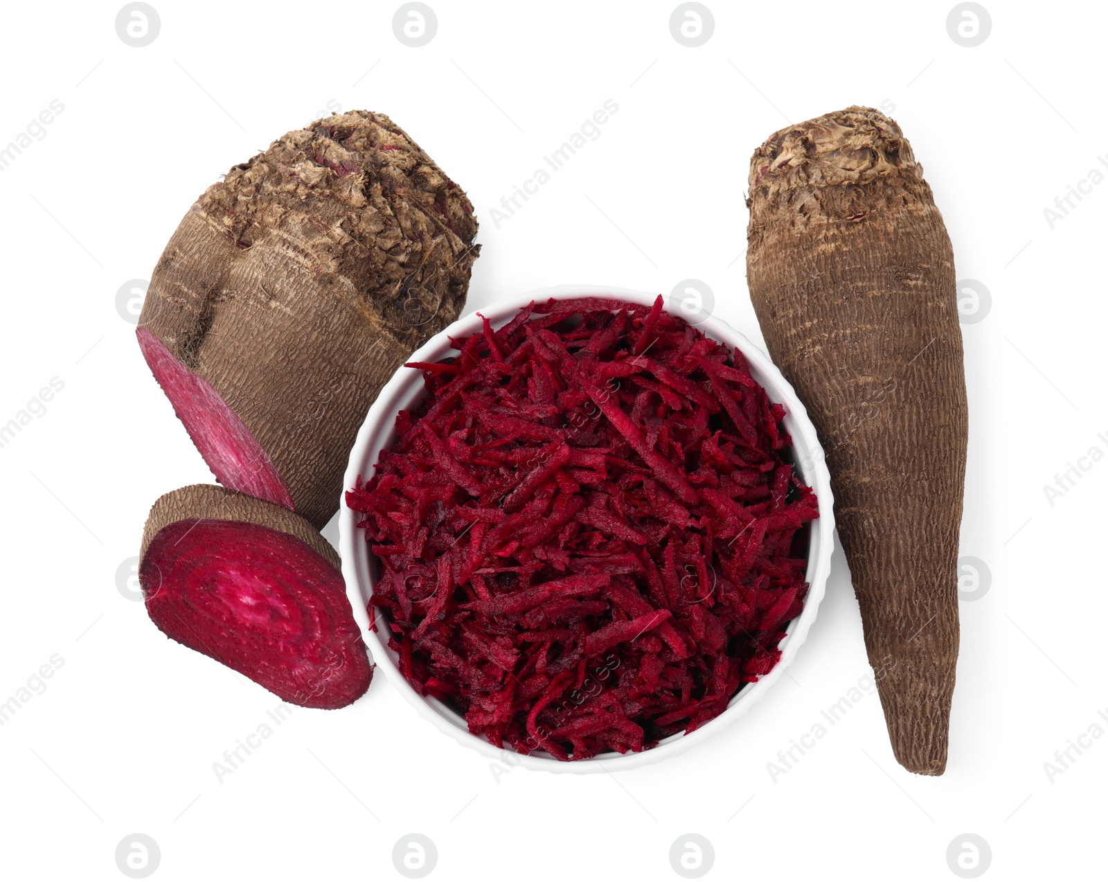 Photo of Whole, cut and grated red beets in bowl isolated on white, top view