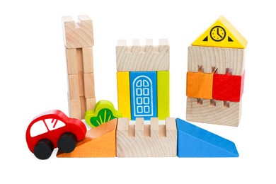 Photo of Game of building blocks isolated on white. Educational toy for motor skills development