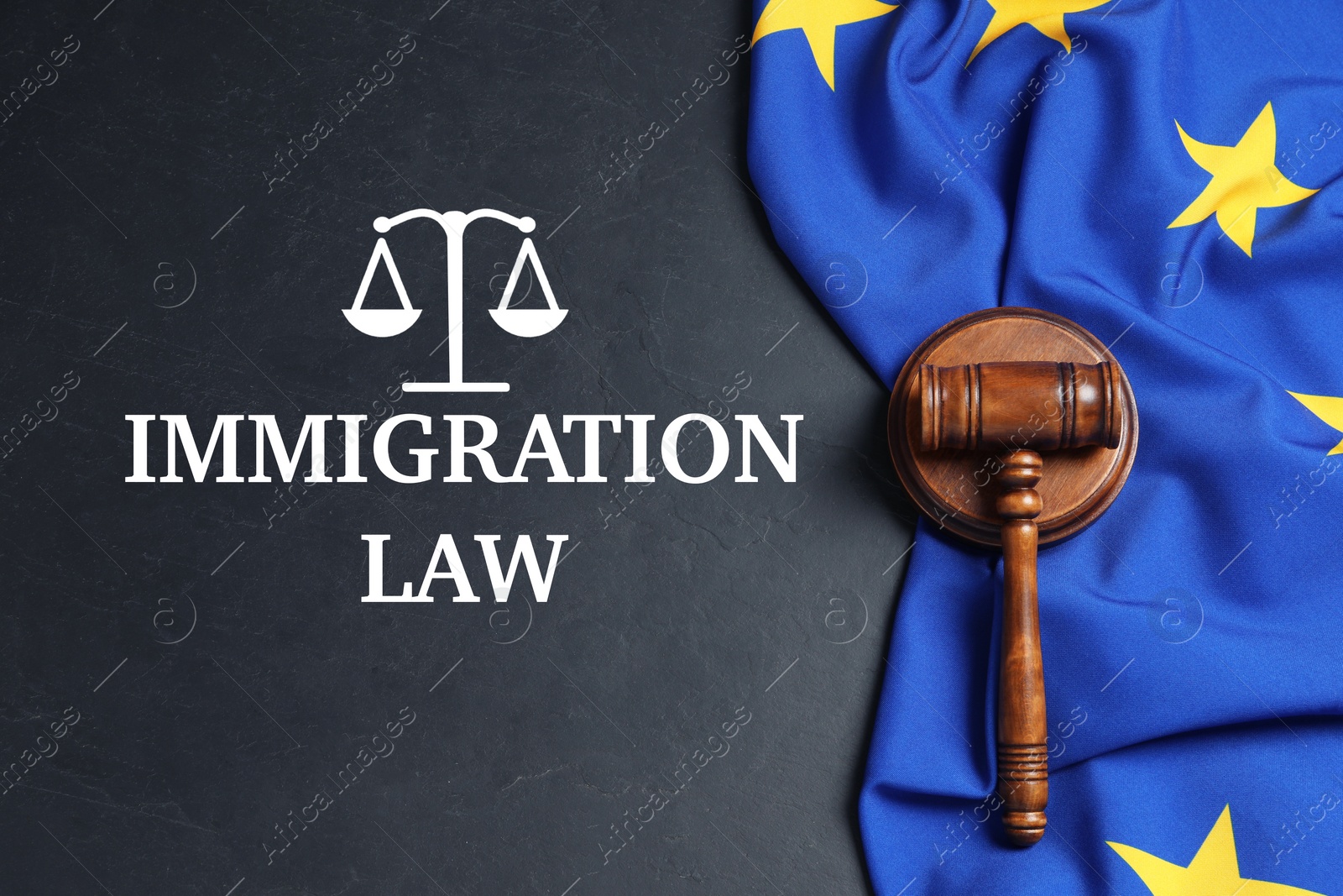 Image of Immigration law. Wooden judge's gavel and flag of European Union on black table, top view