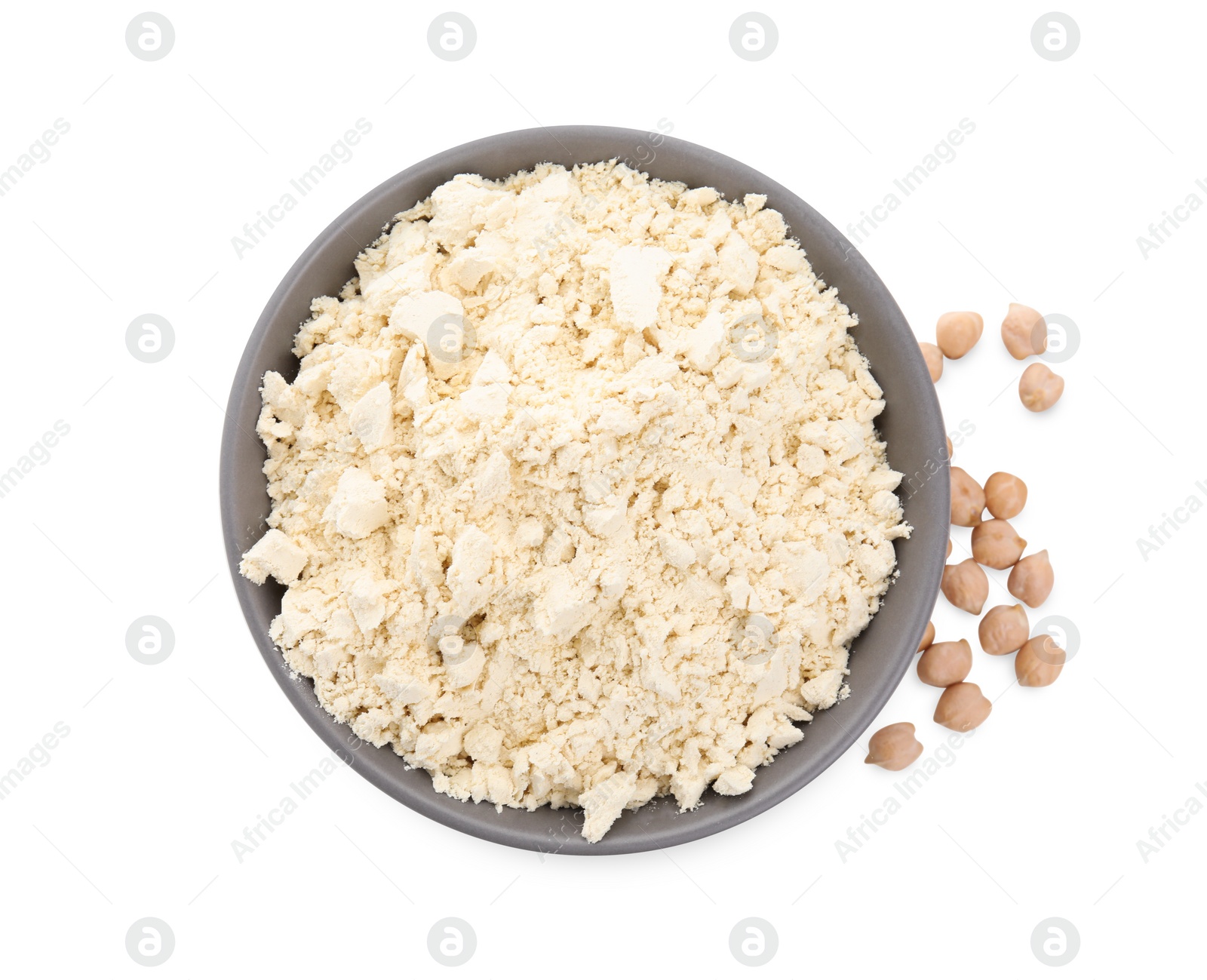 Photo of Chickpea flour in bowl and seeds isolated on white, top view