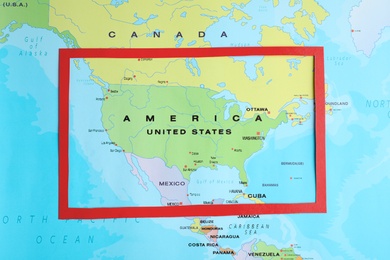 Red frame pointing at USA on world map, top view