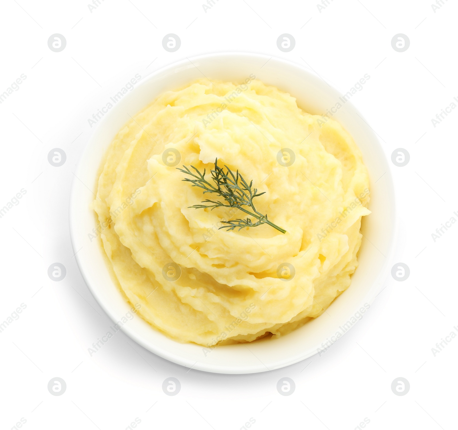 Photo of Bowl with mashed potatoes on white background, top view