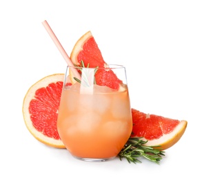 Photo of Glass of cocktail and grapefruit slices isolated on white