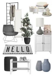 Image of Stylish hall interior with different decorative elements and furniture on white background. Mood board collage