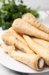 Plate with whole and cut parsley roots on white table, closeup