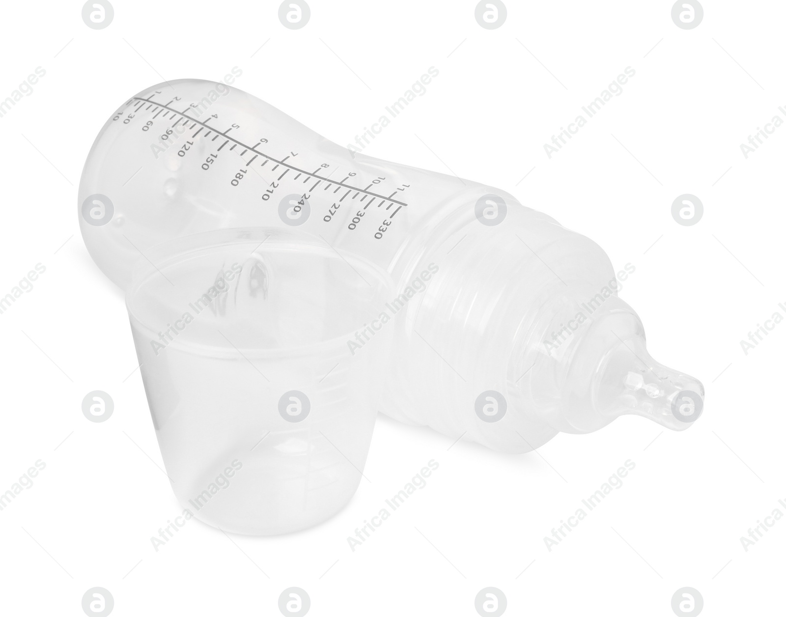 Photo of Empty feeding bottle for baby milk isolated on white