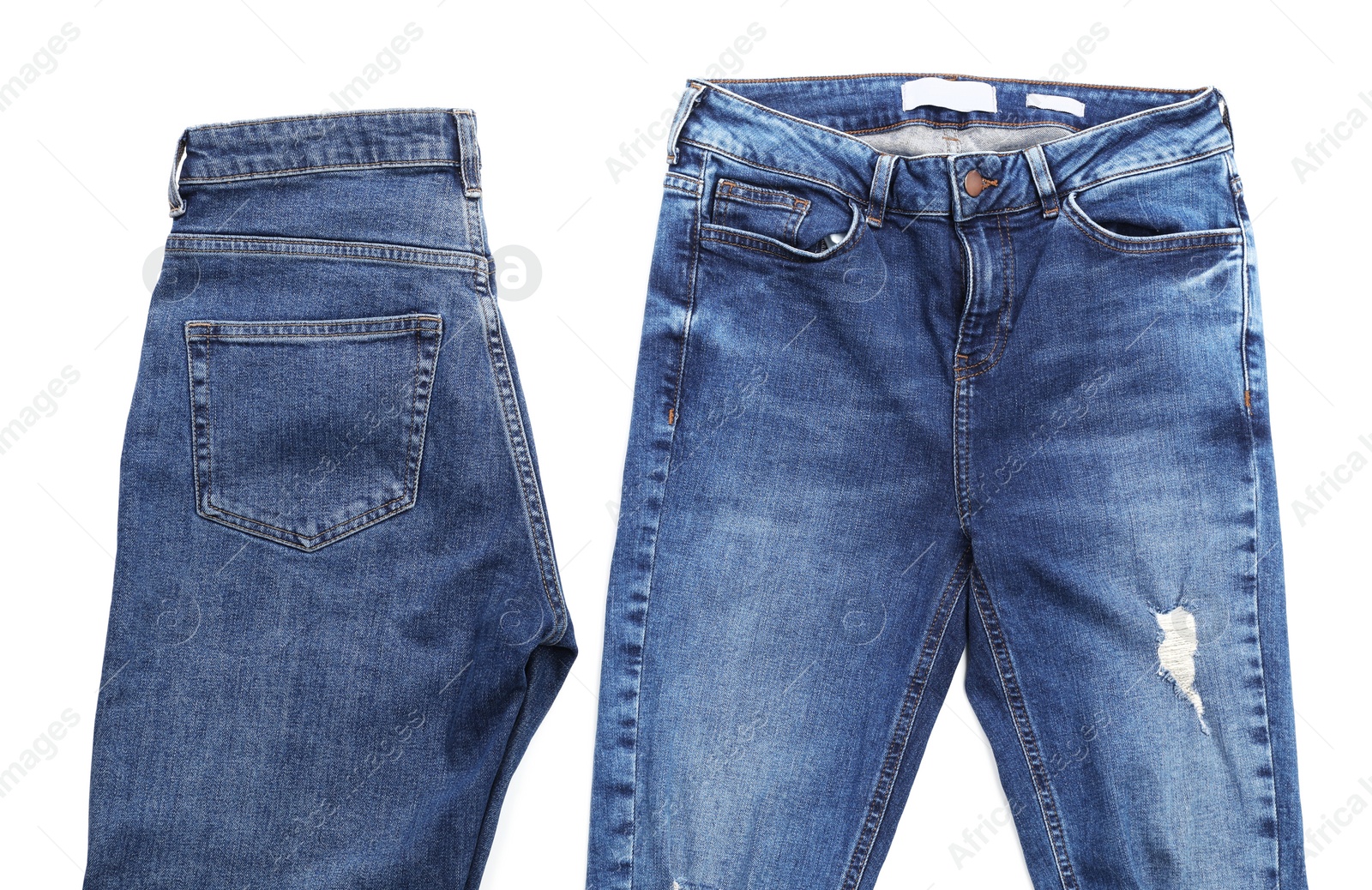 Photo of Stylish jeans on white background, top view