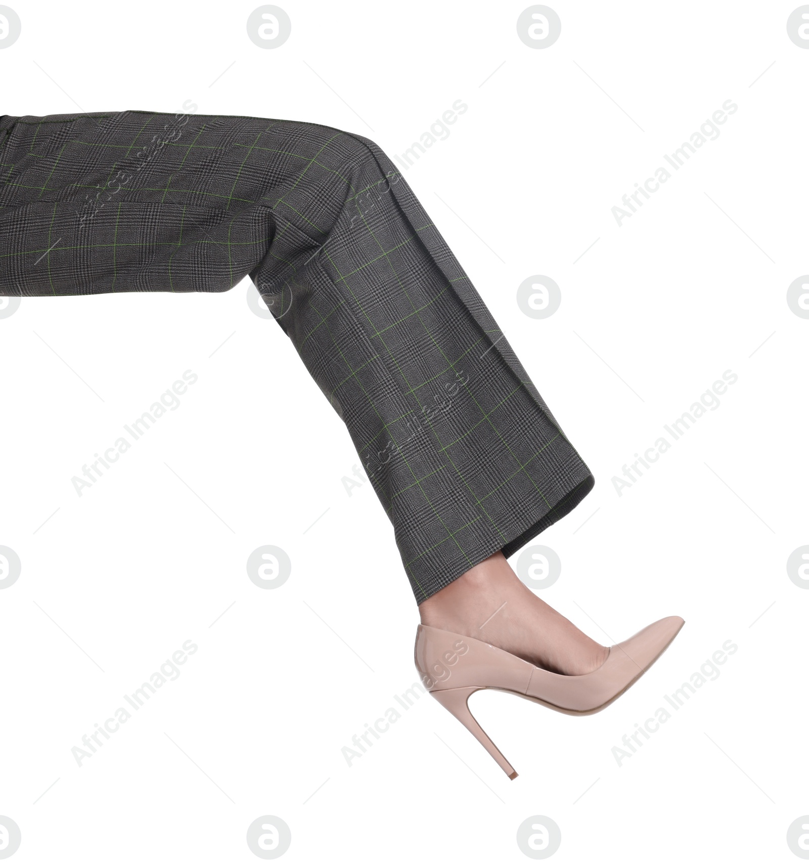 Photo of Businesswoman in beige shoe on white background, closeup