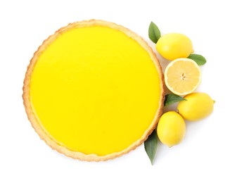 Photo of Delicious homemade lemon pie and fresh fruits on white background, top view