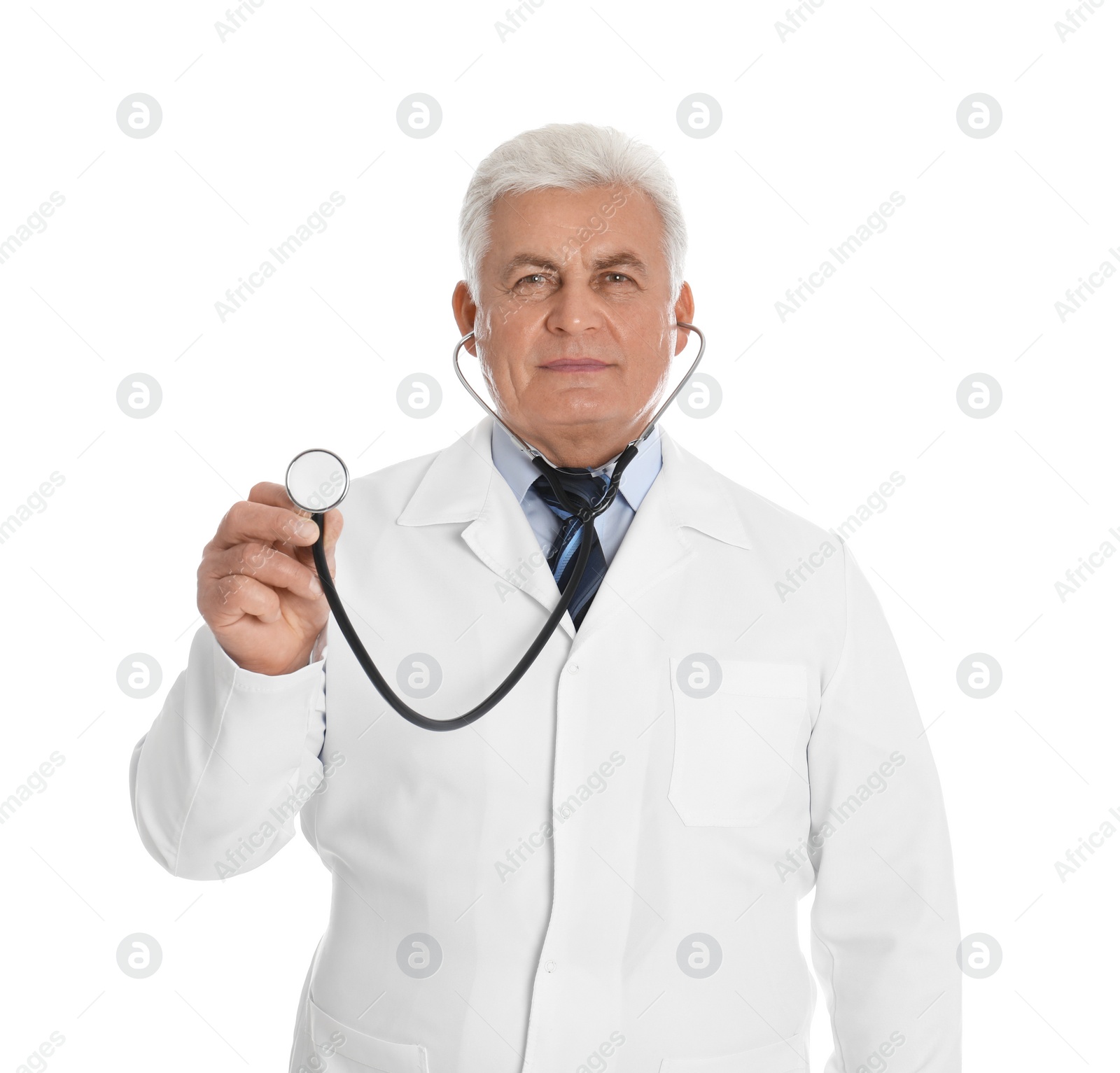 Photo of Senior doctor with stethoscope on white background