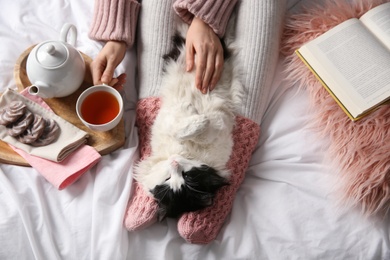 Woman stroking adorable cat on bed, top view