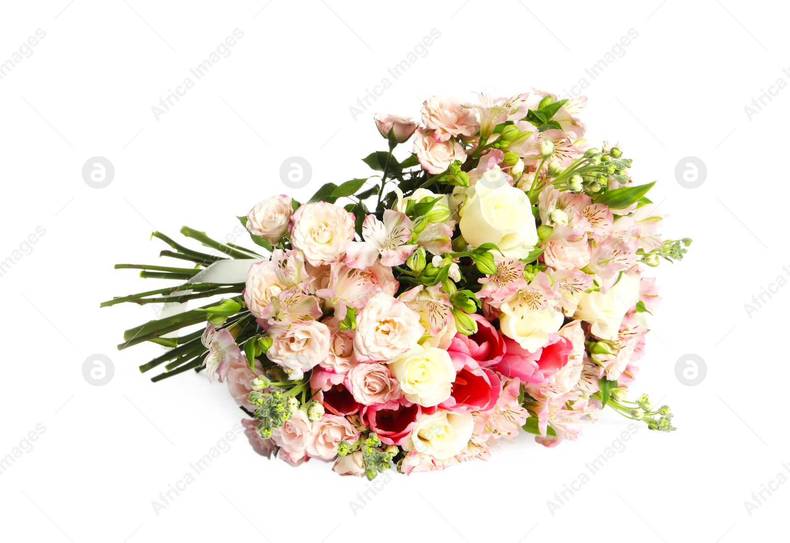 Photo of Beautiful bouquet of fresh flowers isolated on white