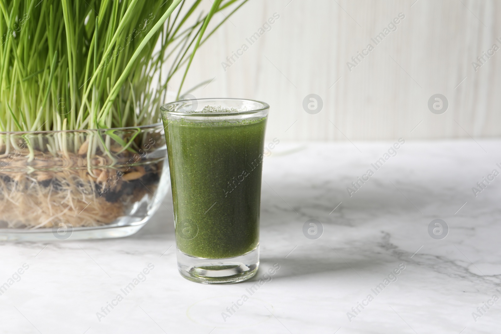 Photo of Wheat grass drink in shot glass and fresh sprouts on white marble table, space for text