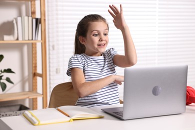 E-learning. Emotional girl raising her hand to answer during online lesson at table indoors