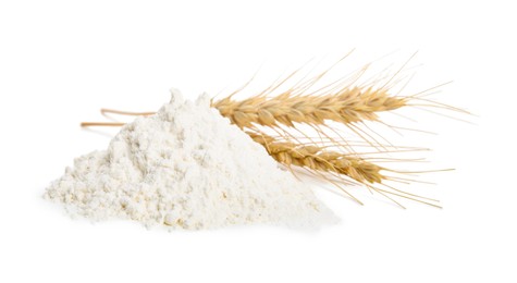 Photo of Pile of wheat flour and spikes isolated on white