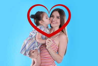 Image of Illustration of red heart and happy mother with little daughter on turquoise background
