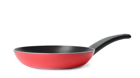 Photo of Modern red frying pan isolated on white