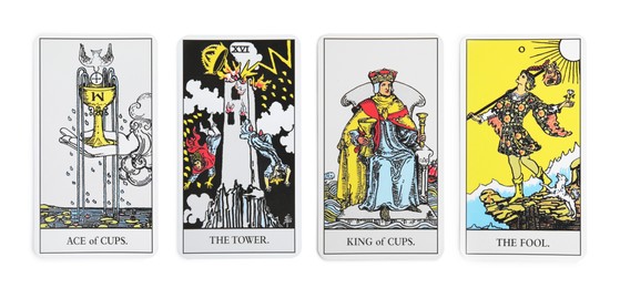 Image of Set with different tarot cards on white background. Banner design