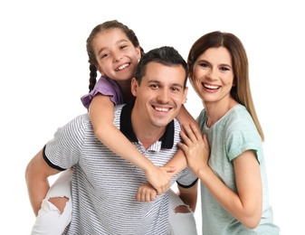 Photo of Happy family with child on white background